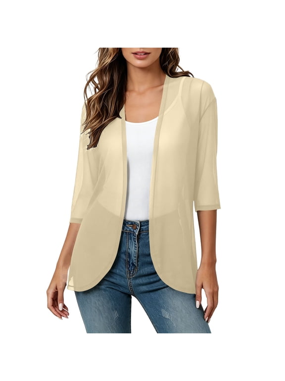 Women's Mesh Open Front Cardigan, 3/4 Sleeve Lightweight Sun Protection Summer Sheer Layering Shrug