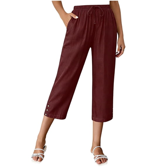 APEXFWDT Women's Casual Straight Leg Capri Pants Elastic Waist Drawstring Office Work Pants with Pockets,S,Wine