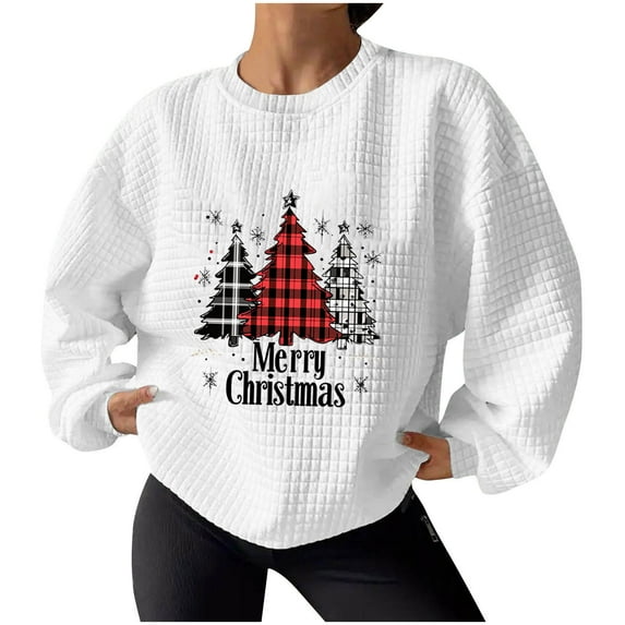 APEXFWDT Women's Christmas Crew Neck Sweatshirt - Waffle Knit Christmas Tree Print Casual Pullover Top Festive Daily Wear,L,White