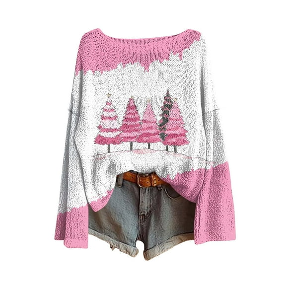 APEXFWDT Women's Christmas Knit Sweater Christmas Tree Print Crew Neck Long-Sleeve Pullover for Fall/Winter Family Gatherings & Holiday,M,Pink