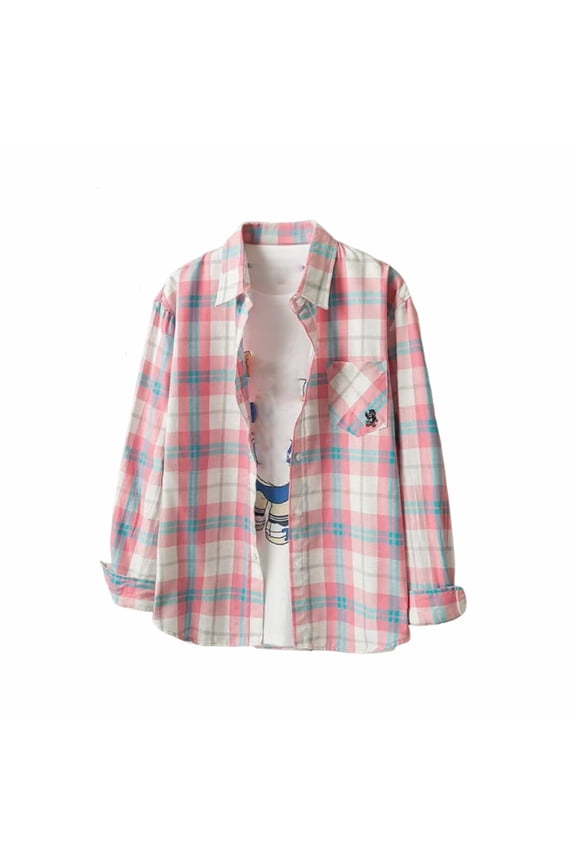 Women's Classic Plaid Shirt Cotton Button-Down Lightweight Shirt Jacket Long Sleeve Pocket Shirt for Daily Wear,XL,Pink