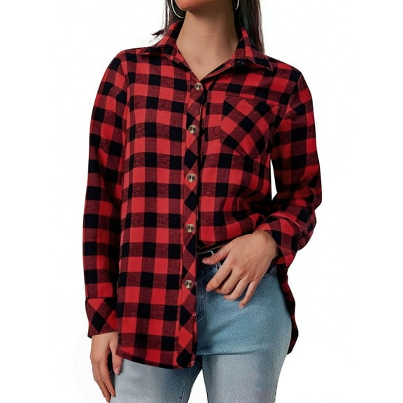 APEXFWDT Women's Classic Plaid Shirt Long Sleeve Button-Down Shirt Jacket Versatile Casual Shirt with Chest Pocket,M,Red