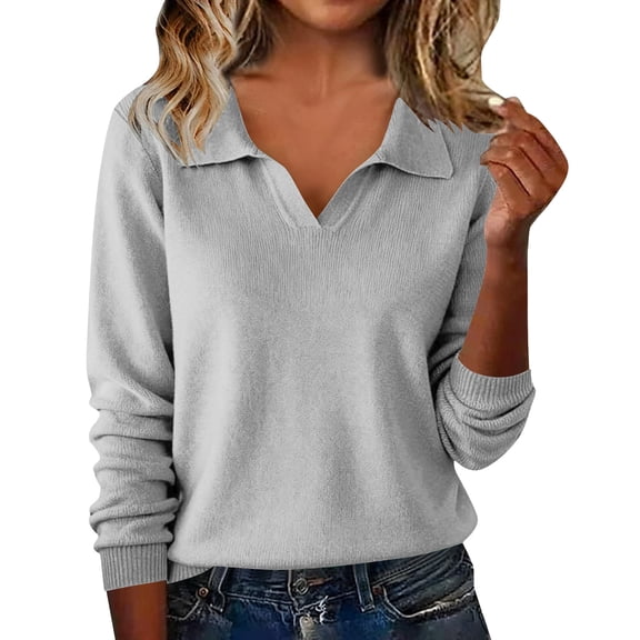 APEXFWDT Women's Collared Knit Sweater Long Sleeve V-Neck Pullover Soft Casual Fall Winter Top,M,Gray