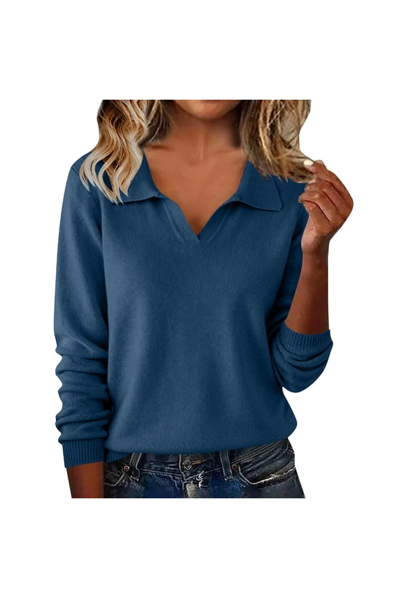 Women's Collared Knit Sweater Long Sleeve V-Neck Pullover Soft Casual Fall Winter Top,S,Blue