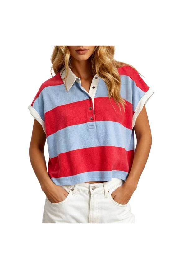 Women's Collared Striped Color Block T-Shirt Loose Fit Cap Sleeve Cropped Casual Summer Top