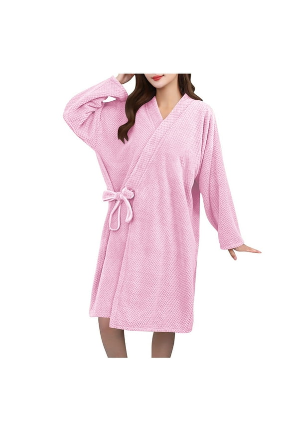 APEXFWDT Women's Coral Fleece Bathrobe Knee-Length Quick-Drying Absorbent Long Sleeve Robe with Side Ties Fall Winter,L,Pink