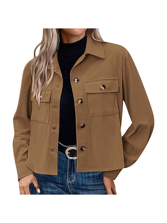 Women's Corduroy Cropped Jacket Textured Short Outerwear Button Down Jacket with Chest Pocket,L,Yellow