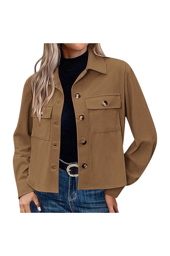 Women's Corduroy Cropped Jacket Textured Short Outerwear Button Down Jacket with Chest Pocket，S,Yellow