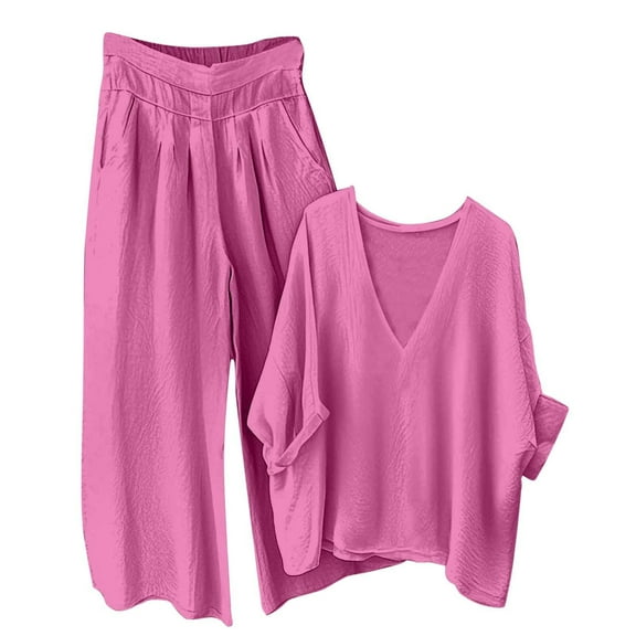 APEXFWDT Women's Cotton Linen 2-Piece Set - Loose V-Neck 3/4 Sleeve Shirt & Wide-Leg Pants, Casual Daily Outfit,XXL,Hot Pink