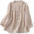 thumbnail image 1 of APEXFWDT Women's Cotton Linen Babydoll Top Long Sleeve Button Front Ruffled Blouse Crew Neck Loose Fit Top,L,Khaki, 1 of 3