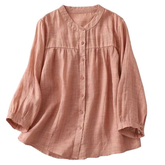 APEXFWDT Women's Cotton Linen Babydoll Top Long Sleeve Button Front Ruffled Blouse Crew Neck Loose Fit Top,XL,Red