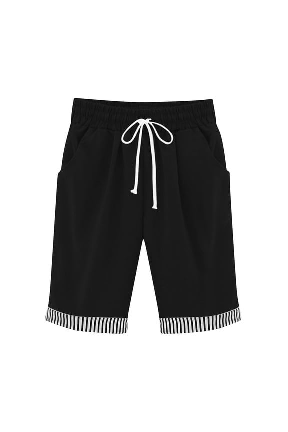 Women's Cotton Linen Bermuda Shorts Striped Patchwork Drawstring Elastic Waist Casual Loose Shorts with Pockets