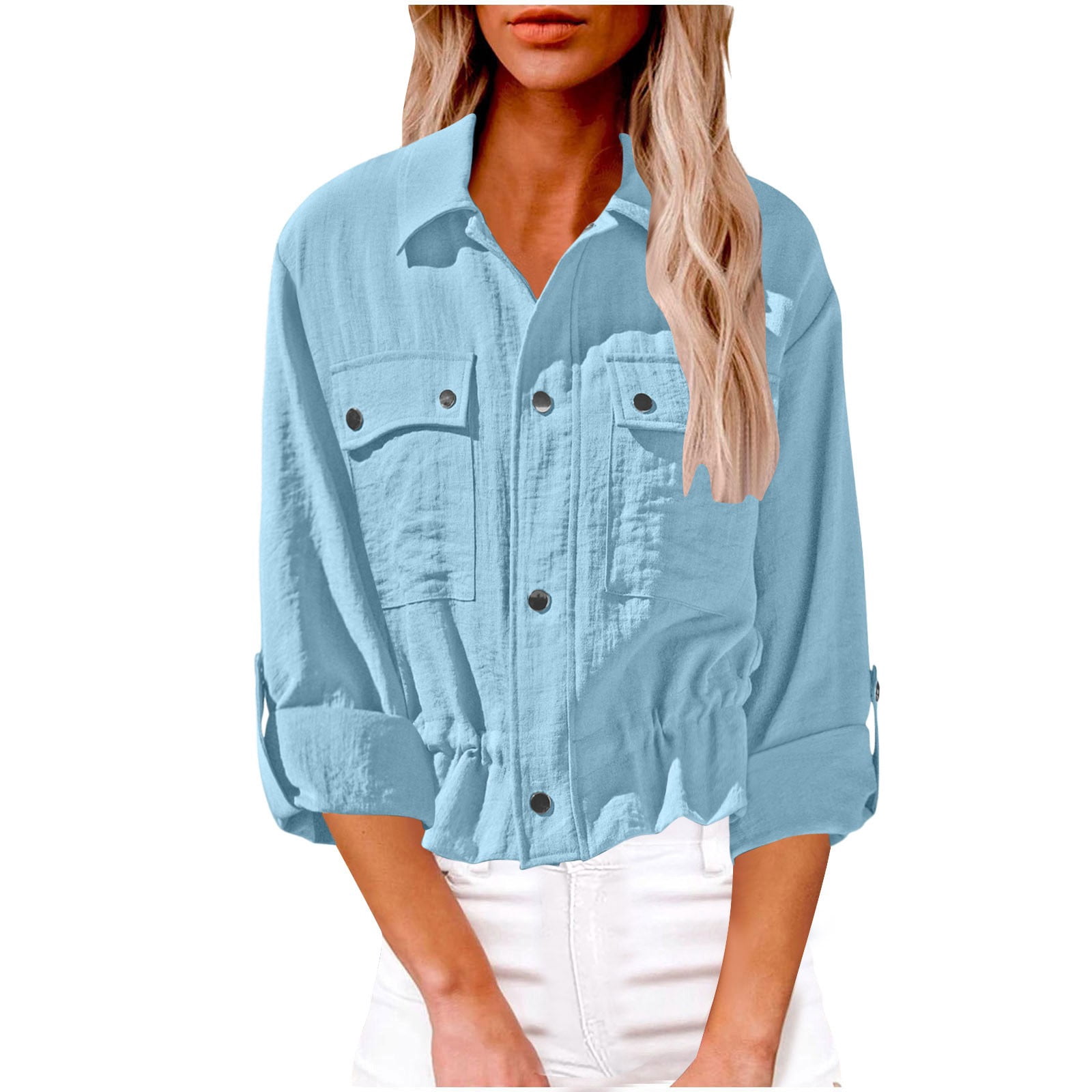 APEXFWDT Women's Cotton Linen Button Down Shirt Long Sleeve Rolled Cuff ...