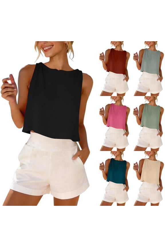 Women's Cotton Linen Crop Top Back Button Reversible Sleeveless Solid Basic Tank,L,Beige