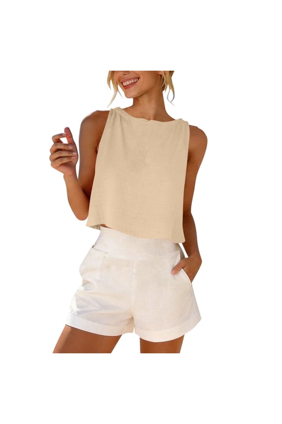 Women's Cotton Linen Crop Top Back Button Reversible Sleeveless Solid Basic Tank,XXXL,Beige