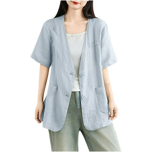 APEXFWDT Women's Cotton Linen Short Sleeve Cardigan Coat V Neck Button Blazer Jacket for Spring and Summer,M,Blue