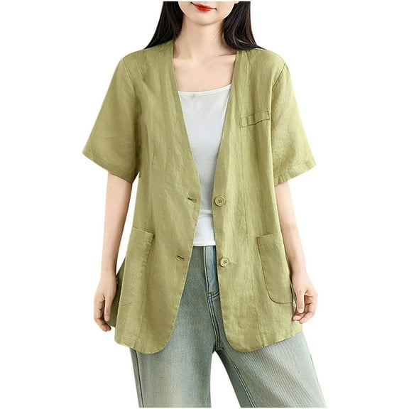 APEXFWDT Women's Cotton Linen Short Sleeve Cardigan Coat V Neck Button Blazer Jacket for Spring and Summer,M,Green