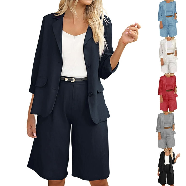 APEXFWDT Women's Cotton Linen Two Piece Outfits Plus Size Casual Long  Sleeve Open Front Blazer Jacket and Bermuda Shorts Business Matching Sets