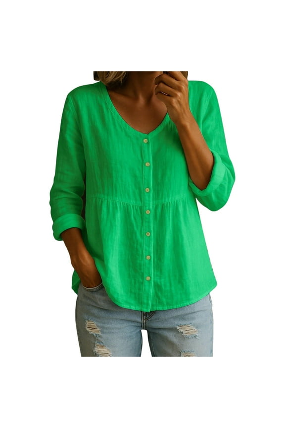 Women's Cotton Linen V-Neck Top Casual Button-Front Long Sleeve Blouse Breathable Solid Basic Top,L,Green