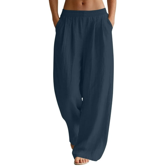 APEXFWDT Women's Cotton Linen Wide-Leg Pants Casual Loose Pleated Front Trousers Elastic Waist Palazzo Trousers with Pockets,S,Dark Blue