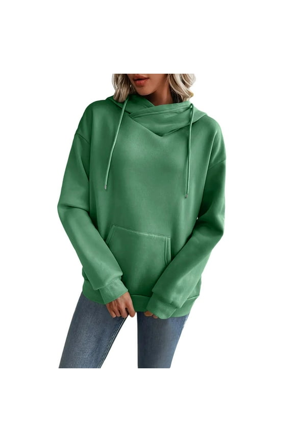 Women's Cowl Neck Drawstring Hoodie Fleece-Lined Long Sleeve Casual Pullover Warm Sweatshirt Loungewear,XL,Green