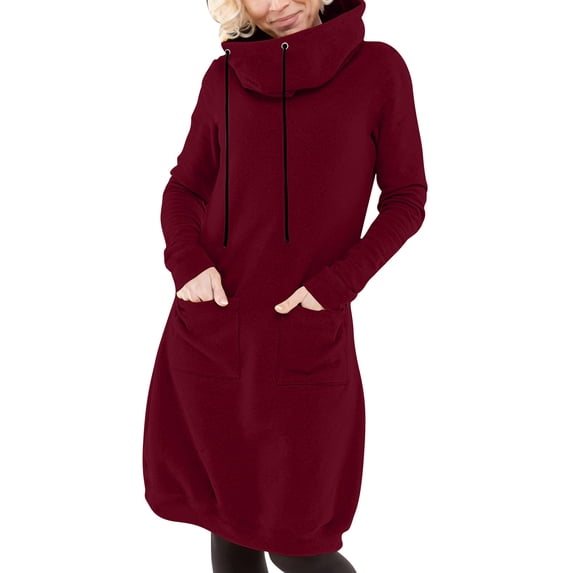 APEXFWDT Women's Cowl Neck Sweatshirt Dress Light Fleece Drawstring Long Sleeve Pullover Fall Winter Solid Long Sweatshirt with Pockets,L,Red