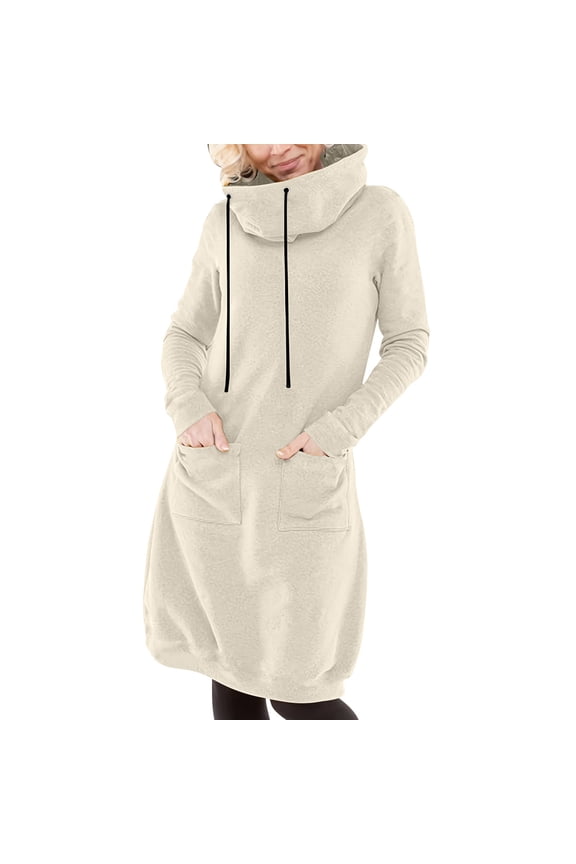 Women's Cowl Neck Sweatshirt Dress Light Fleece Drawstring Long Sleeve Pullover Fall Winter Solid Long Sweatshirt with Pockets,S,Beige