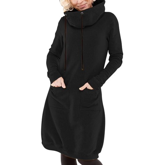 APEXFWDT Women's Cowl Neck Sweatshirt Dress Light Fleece Drawstring Long Sleeve Pullover Fall Winter Solid Long Sweatshirt with Pockets,XL,Black