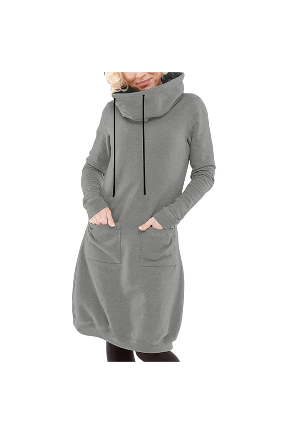 Women's Cowl Neck Sweatshirt Dress Light Fleece Drawstring Long Sleeve Pullover Fall Winter Solid Long Sweatshirt with Pockets,XXL,Gray