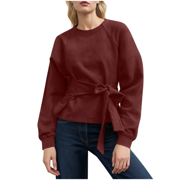 APEXFWDT Women's Crew Neck Sweatshirt Tie Front Waist Bow Long Sleeve Raglan Sleeve Pullover Solid Casual Fall Tops
