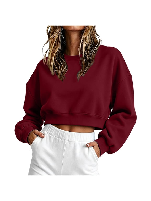 Women's Crewneck Cropped Pullover Sweatshirt Basic Long Sleeves Workout Tops Cute Pullover Tops,S,Wine