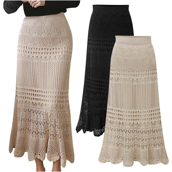 APEXFWDT Women's Crochet Knit Maxi Skirt Stretched High Waist Hollow Out Flowy Patterned Casual Elastic Waist Knit Bodycon Long Skirt