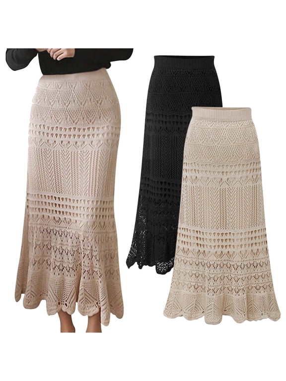 APEXFWDT Women's Crochet Knit Maxi Skirt Stretched High Waist Hollow Out Flowy Patterned Casual Elastic Waist Knit Bodycon Long Skirt