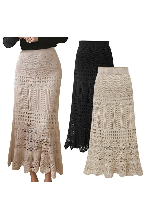 APEXFWDT Women's Crochet Knit Maxi Skirt Stretched High Waist Hollow Out Flowy Patterned Casual Elastic Waist Knit Bodycon Long Skirt