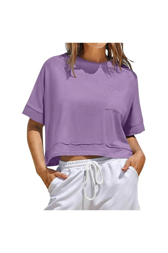 APEXFWDT Women's Cropped Tee - Round Neck Workout Top Athleisure Crop T-Shirt for Gym & Coffee Runs,L,Purple