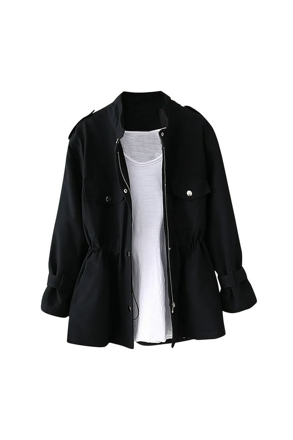 APEXFWDT Women's Cropped Trench Jacket Zip-Up Stand Collar Windproof Fall Outerwear Waist Cinch Casual Stylish Jacket,L,Black