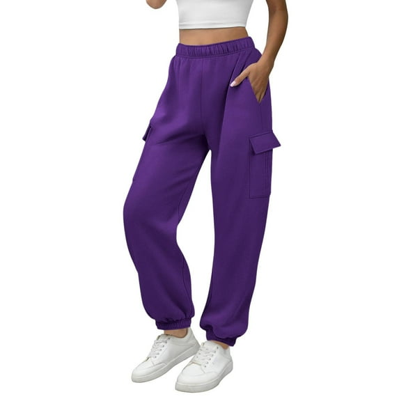 APEXFWDT Women's Cuffed Sweatpants Elastic Waist Mid Rise Joggers with Cargo Pockets Athletic Pants,XXL,Purple
