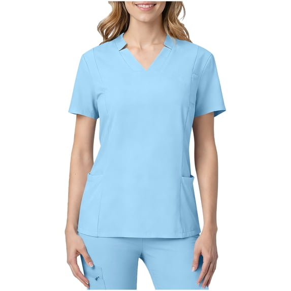 APEXFWDT Women's Curved V-Neck Scrub Tops with 2 Pockets,M,Light Blue