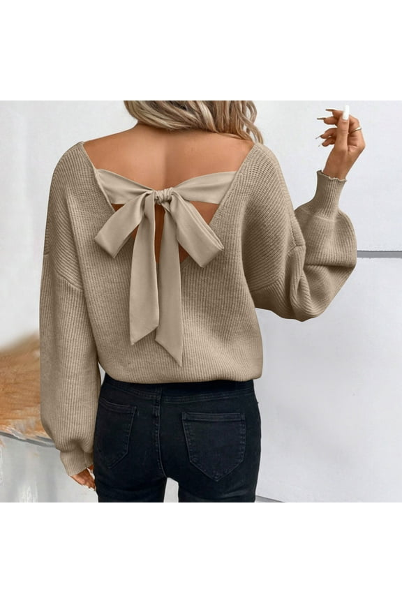 APEXFWDT Women's Deep V-Neck Backless Sweater Long Sleeve Loose Pullover Knit Top with Bow Tie Detail, for Romantic Dinner Dates,M,Beige
