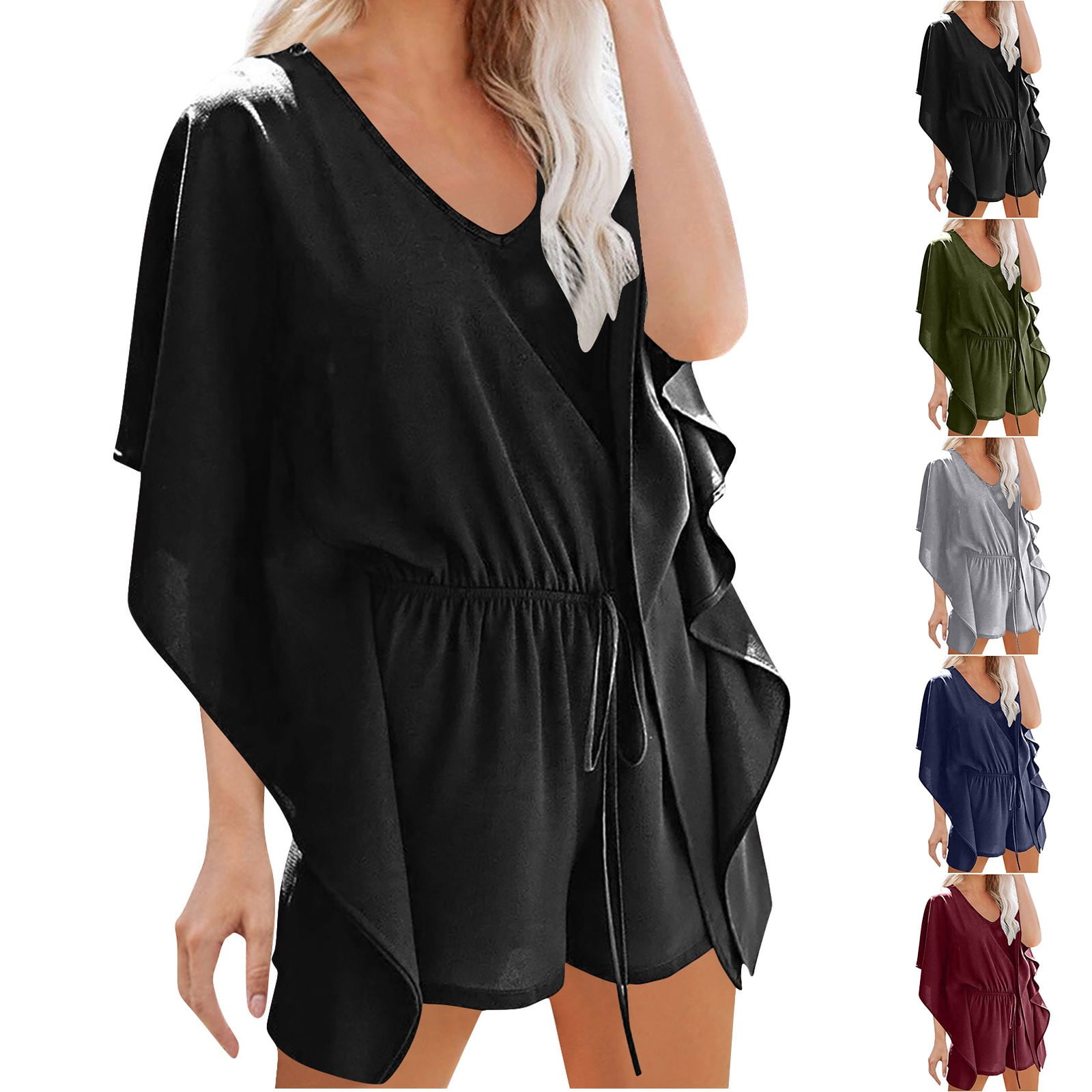 APEXFWDT Women's Deep V Neck Romper Flutter Short Sleeves Elastic Waist ...