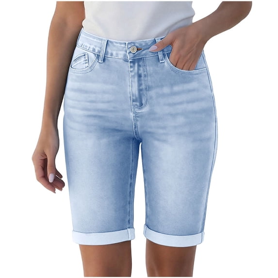 APEXFWDT Women's Denim Bermuda Shorts Mid-Rise Stretchy Slim Fit Jean Shorts with Pockets,M,Sky Blue