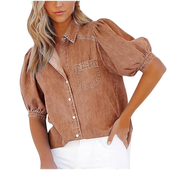 APEXFWDT Women's Denim-Look Button Down Shirt Short Sleeve Puff Sleeve Collared Shirt Fashion Casual Top for Daily Wear,L,Khaki