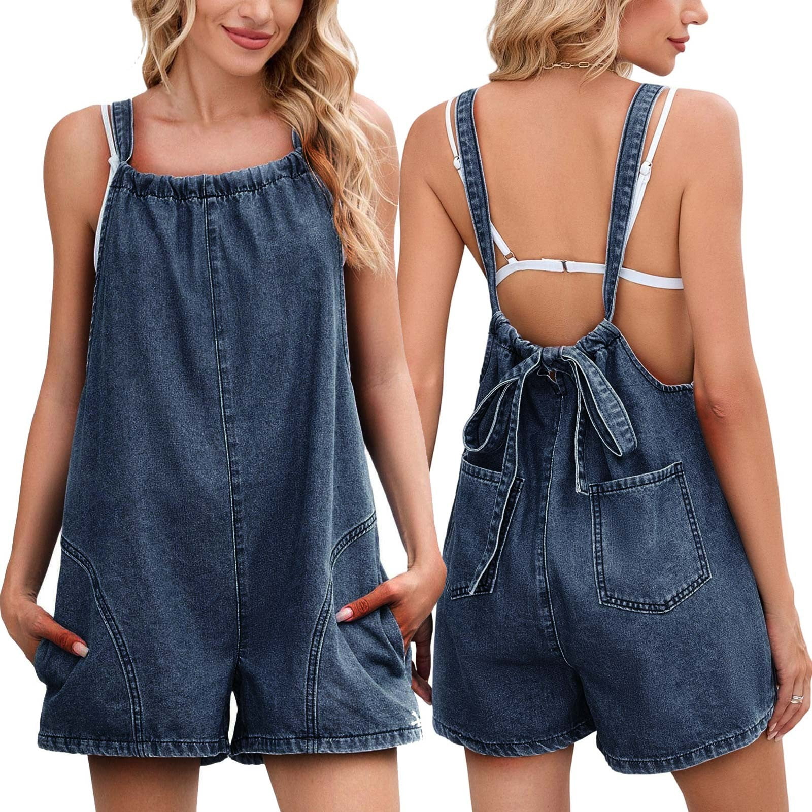 APEXFWDT Women's Denim Short Overalls Loose Fit Backless Romper With ...