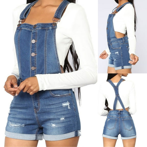 APEXFWDT Women's Denim Shortalls Casual Sleeveless Adjustable Straps Shorts Bib Overalls Jean Shorts Cuffed Hem Shorts Rompers