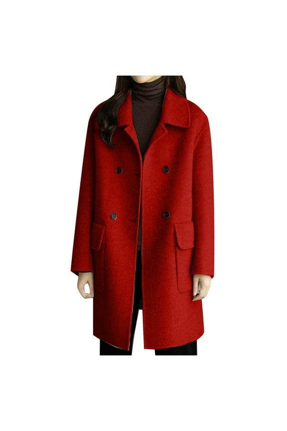 Women's Double Breasted Knee Length Trench Coat Plus Size Casual Laper Wool Blend Jacket Pea Coat Fall Winter Outwear