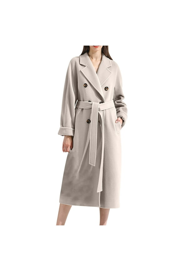 APEXFWDT Women's Elegant Maxi Long Wool Pea Coat Lapel Collar Double Breasted Overcoat Coat with Belt Women 2023 Fashion Winter Warm Coat