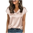 thumbnail image 1 of APEXFWDT Women's Elegant Satin Top Short Sleeve V-Neck Solid Blouse Stylish Casual Shirt for Daily Commutes & Parties,S,Pink, 1 of 5