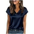 thumbnail image 1 of APEXFWDT Women's Elegant Satin Top Short Sleeve V-Neck Solid Blouse Stylish Casual Shirt for Daily Commutes & Parties,XL,Navy, 1 of 5