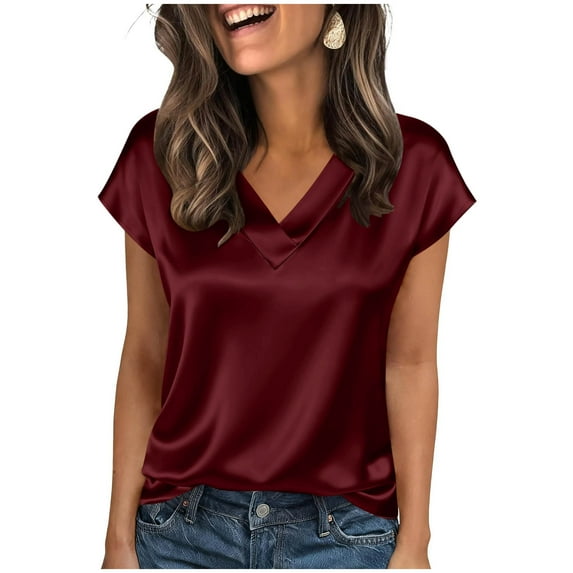APEXFWDT Women's Elegant Satin Top Short Sleeve V-Neck Solid Blouse Stylish Casual Shirt for Daily Commutes & Parties,XXL,Wine