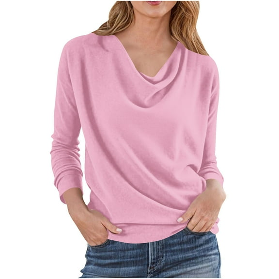 APEXFWDT Women's Fall Top Cowl Neck Long Sleeve Blouse Casual Stylish Solid Color Top Office & Daily Wear,S,Pink